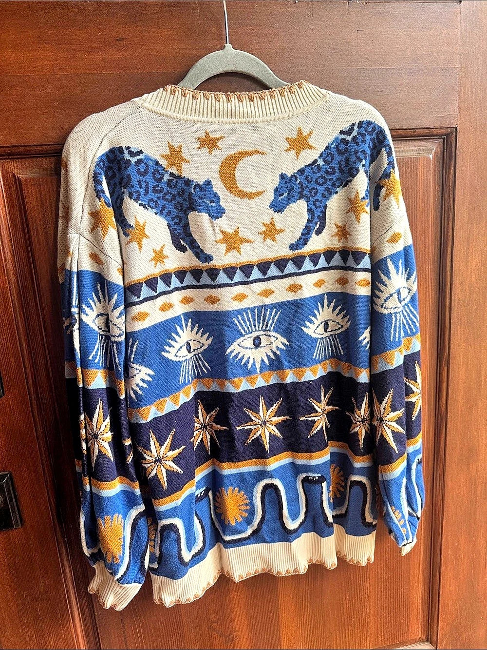 Farm Rio Mixed Mystical Ainika Buttoned Knit Cardigan Blue & Cream Medium - Picture 3 of 5